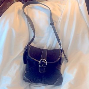 Coach Fabric and Leather Purse with Polished Silver Buckles and White Stitching